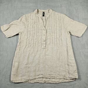 Venti6 Blouse Womens Small Linen Minimalist Beige Shirt Lagenlook Pleated Hippie